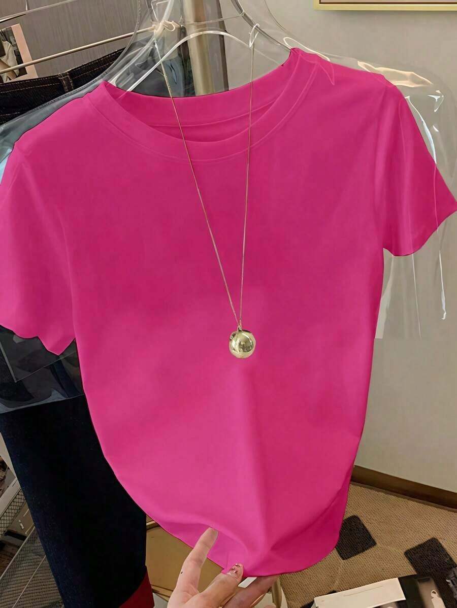 FNI Fusion Women's Plain Casual Versatile Crew Neck Short Sleeve T-ShirtOversized Casual Going Out Tops Women, Perfect For Vacation Outfits Women & Valentine's Day Date Looks,For Daily & Holiday Wear,Pink Tee - 玫紅色 - 查看 1
