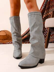 2025 Women's Pointed Toe Thick Heel Non-Slip Solid Color Fashion Slip-On Over-The-Knee Boots, Autumn/Winter