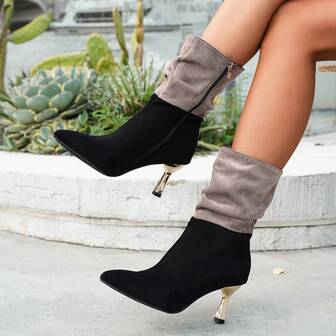 Dam vår/höst nya högklackade stövlar, guldfärgad klack, lapptäcke, kontrastfärgat tyg, modern och elegant, rynkad design, mångsidig, lämplig för dagligt, bankett, fest, musikfestivalkläder