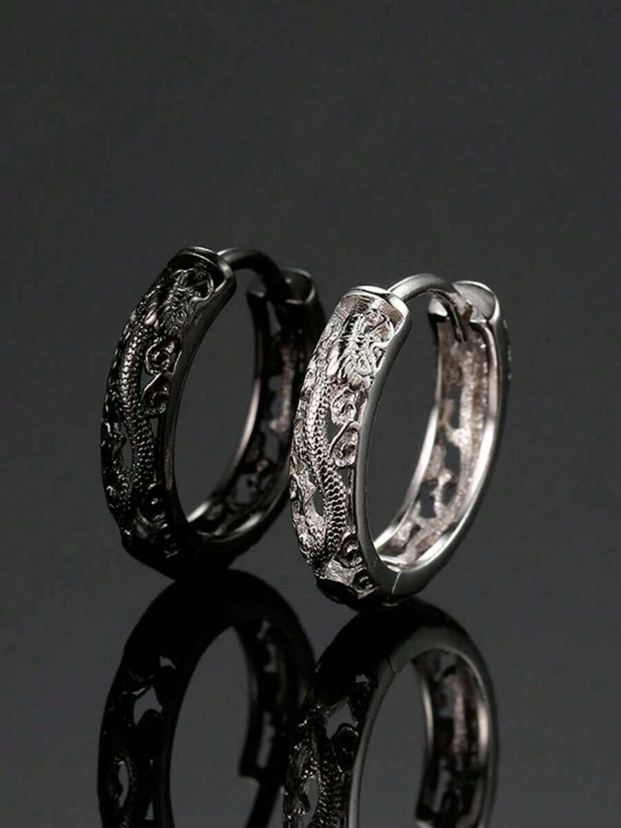 男士朋克摇滚耳环 防过敏铜/黑/银 朋克摇滚耳环 个性化龙耳环，男士镂空龙图案环状耳环 - 彩色 - 查看 1