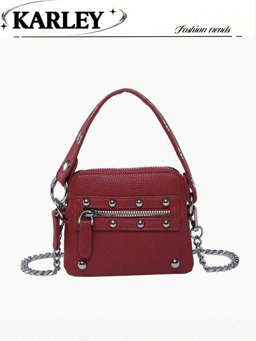 Fashionable Minimalist Small Handbag, Women's Rivet Bag, Chain Mini Bag, Shoulder Crossbody Bag, Mini Tote Bag - Burgundy - View 1