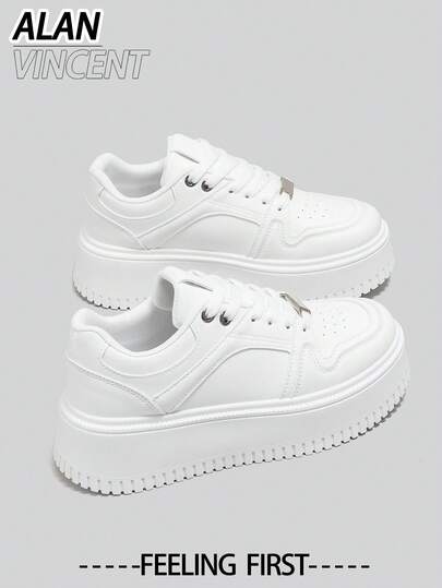  Alan Vincent [免费退换货] 白色女鞋，低帮系带鞋，厚底休闲运动鞋，舒适时尚，增高4.5厘米，适合娇小身材女性
