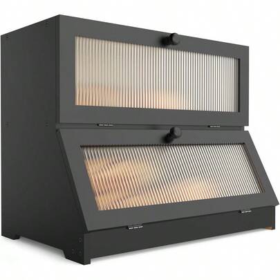 Double Layer Bamboo Bread Box For Kitchen CounterLarge Capacity Bread Storage Container Farmhouse Bread Box With Window Bread Holder Black