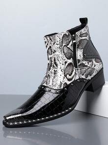 QRLQRL 1 Pasang Sepatu Bot Chelsea Pria Ujung Lancip dengan Paku Keling Logam dan Rantai Samping, Modis, Gaya Punk Kelas Atas, Model Slip-On, Bahan PU, Sol Karet, Nyaman untuk Penggunaan Sehari-hari dan Kasual. - Hitam - View 1