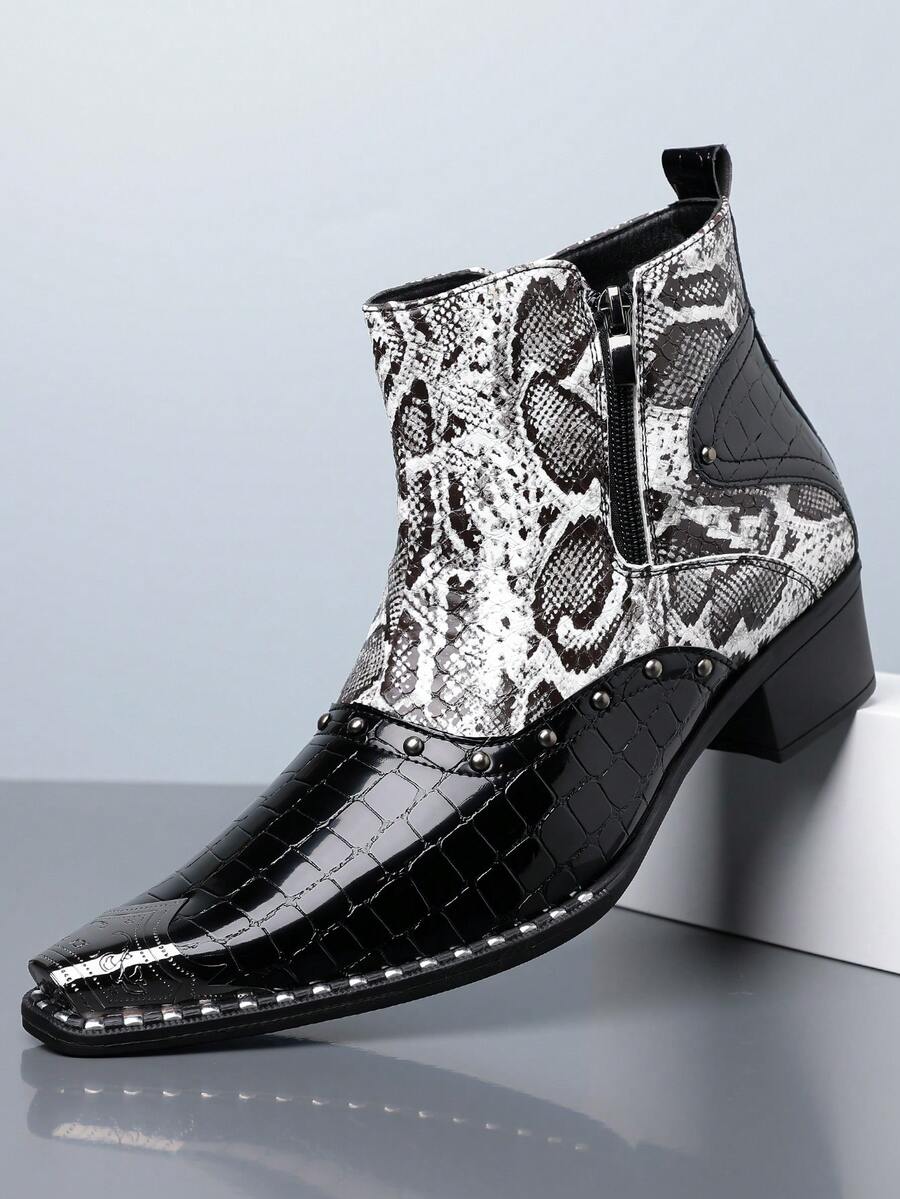 QRLQRL 1 Pasang Sepatu Bot Chelsea Pria Ujung Lancip dengan Paku Keling Logam dan Rantai Samping, Modis, Gaya Punk Kelas Atas, Model Slip-On, Bahan PU, Sol Karet, Nyaman untuk Penggunaan Sehari-hari dan Kasual. - Hitam - View 1