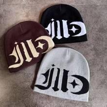 Y2K Fashion Knit Beanie Hat, Unisex Cold Weather Cap, Street Riding Gift, Letter, Bohemian, Acrylic, Knit Hats, All Season Men Winter Head - A - View 8