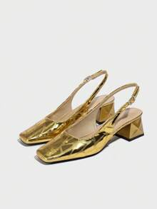 Giày sandal bít mũi khoét lỗ kiểu Pháp cho nữ, giày cao gót đế dày mùa hè, giày La Mã cao cấp gót trung bình, giày mũi tròn kiểu retro, giày mũi vuông đế vuông khoét lỗ cao gót cho nữ, sandal quai ngang thoải mái cho quý cô, giày cao gót thanh lịch cho nữ. - Vàng - Xem 6