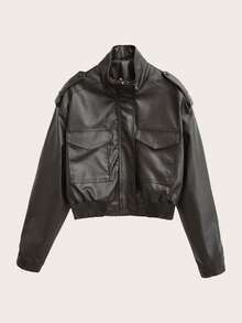 Casual Solid Color Large Pocket Short Leather Jacket, Autumn/Winter - Chocolate Brown - View 2
