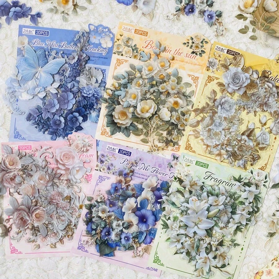 20张复古花卉贴纸，PET材质，花朵角贴，适用于DIY剪贴簿、手账装饰、一次性节日装饰（圣诞节、万圣节、情人节），趣味贴纸，笔记本电脑贴纸，Kindle手机贴纸 - 彩色 - 查看 1