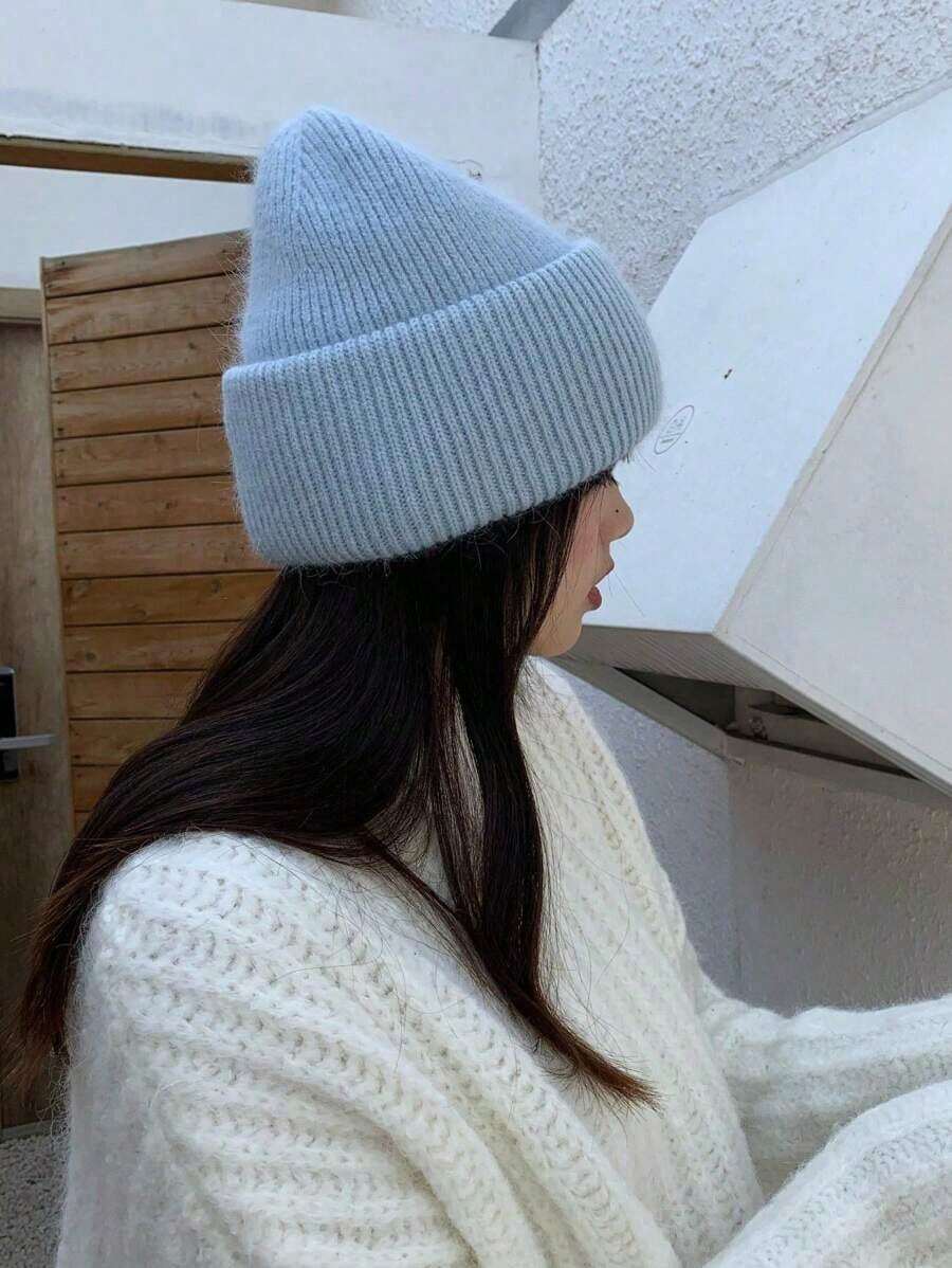 1pc Women's Solid Color Double-Layer Rolled Brim Knitted Beanie Hat, Autumn/Winter Outdoor Warm Halloween - 黑色 - 查看 1