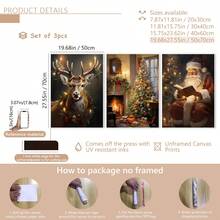 Set de 3 piezas de arte de pared de lienzo navideño - Impresiones de reno, Papá Noel y árbol para decoración festiva del hogar - Perfecto para decoración del hogar, decoración de habitaciones, decoración de dormitorios, decoración de salas de estar, decoración de baños, decoración de paredes, decoraciones navideñas para el hogar, con opción de arte de pared con marco - Multicolor - Ver 16