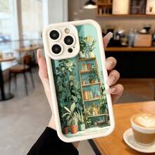Phone Case With Black And Green Border With Indoor Garden Print Featuring Plants And Shelves For Daily Use In Cafes And Home Spaces Suitable For Apple Series Phones - Coffee Brown - View 4