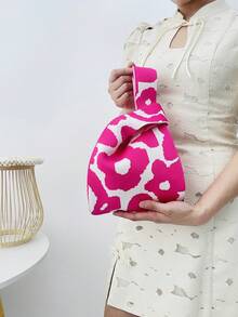 lulu kewen 1pc Floral Pattern Crochet Handbag, Mini Crochet Tote Bag With Floral Design, Breathable And Lightweight, Foldable Pocket Suitable For Storing Phone, Umbrella, Cosmetics, Fashion Women Handbag For Vacation, School, Commuting - Hot Pink - View 3