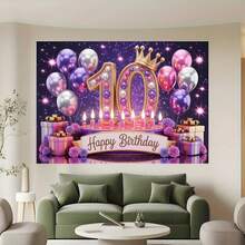1 tấm banner sinh nhật lần thứ 10 cho bé gái, phông nền sinh nhật lần thứ 10 với bóng bay màu hồng và tím lấp lánh, được trang trí với số 10 và dòng chữ "Chúc mừng sinh nhật", lý tưởng để trang trí nhà cửa, phòng ngủ hoặc tường, hoàn hảo cho đồ dùng tiệc sinh nhật của bé gái 10 tuổi, phù hợp cho sinh nhật, kỷ niệm, ngày lễ, trang trí vòng hoa sinh nhật, trang trí bàn bánh sinh nhật lần thứ 10. - Nhiều màu - Xem 2