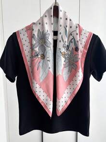 1pc Square Scarf, Women's Satin Printed Headband, Headwrap, Fashion Ladies Hair Scarf, Shawl, Scarf, Women's Neckerchief, Headscarf - Pink Polka Dot Flowers - View 3