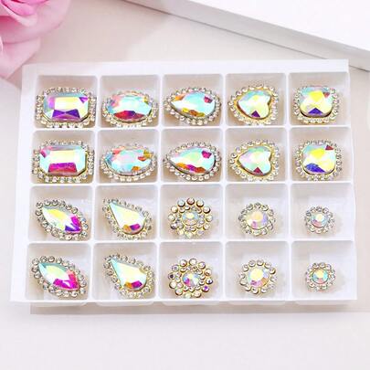 Glass Crystal, AB Color Multi Shapes, 20Pcs/1pack, 50pcs/1pack, Sunflower Type, Gold Metal Claw Settings, Shiny Handmade Sewing Crystal Hand Sewn Rhinestone Decoration Beads Flat Back DIY Accessories Sew On Strass For Decorating Clothes, Dress, Bags, Shoes, Brooches, Earrings, Handicrafts