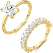 Cubic Zirconia Gold Rings Women Non Tarnish  Dainty 14K Gold Plated Stackable Princess Cut Engagement Ring Set Wedding Promise Rings Her Jewelry Size 6 8 9 10 11 - A-2pcs Square CZ Ring + 9 - View 1