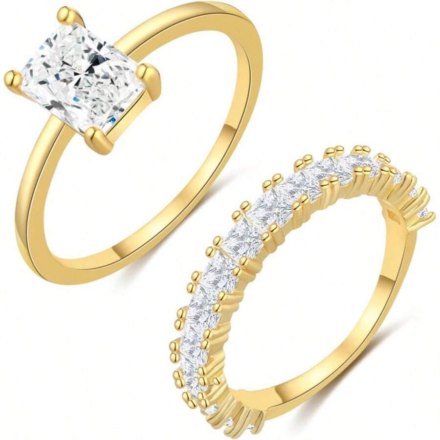 Cubic Zirconia Gold Rings Women Non Tarnish Dainty 14K Gold Plated Stackable Princess Cut Engagement Ring Set Wedding Promise Rings Her Jewelry Size 6 8 9 10 11 - A-2pcs Square CZ Ring + 9 - View 1