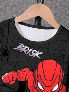 Young Boy Casual Print Outfit, Print Long Sleeve Top + Print Web Pants, Cool Cartoon Style, Suitable For Everyday Wear, Birthday Party, Satisfy Little Hero Dreams, Autumn/Winter - Black - View 3