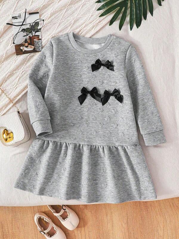 Cute And Sweet Young Girl Long Sleeved Bow Decoration 3D Heart-Shaped Dress With Ruffles, Comfortable And Casual Autumn And Winter Set