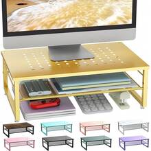 Soporte elevador de metal de 2 niveles para monitor, organizador de escritorio para monitor, organizador de almacenamiento de escritorio de oficina para suministros de oficina (Dorado) - Dorado - Ver 1