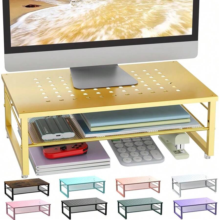 Soporte elevador de metal de 2 niveles para monitor, organizador de escritorio para monitor, organizador de almacenamiento de escritorio de oficina para suministros de oficina (Dorado) - Dorado - Ver 1
