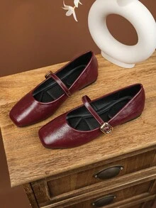 女士时尚方头浅酒红色鞋，适合所有季节，万圣节、圣诞节、新年、婚礼、派对，优雅平底玛丽珍芭蕾平底鞋 - 酒紅色 - 查看 1