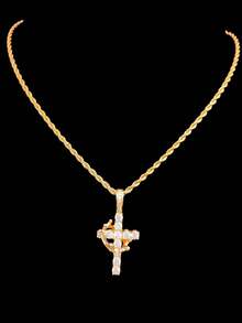 1件立方氧化锆十字架及可活动皇冠吊坠，搭配3毫米不锈钢扭链项链，男女皆宜的嘻哈朋克十字架吊坠项链，时尚优雅复古首饰，适合日常佩戴或派对，情人节礼物 - 金黃色 - 查看 14