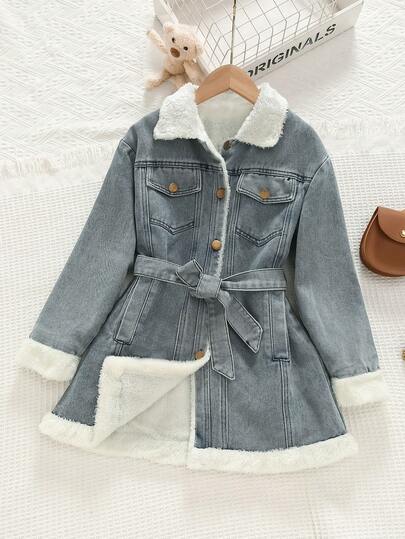 女童/青少年休闲优雅户外夹克，配有羊毛领、袖口、腰带和口袋，适合秋冬季