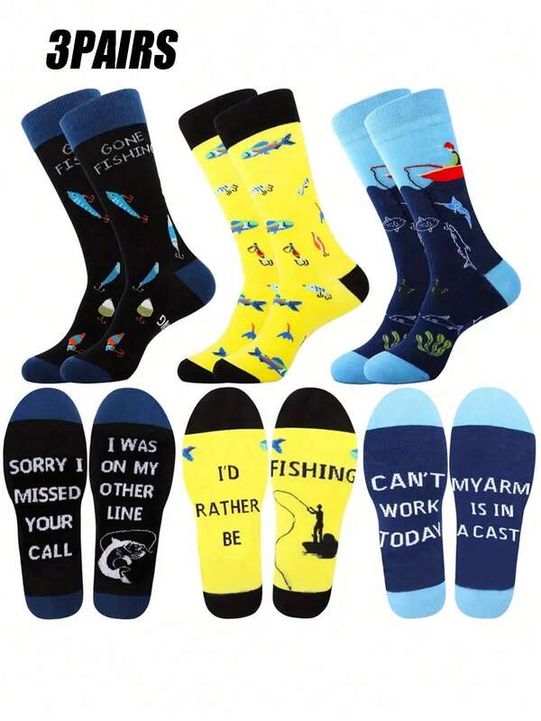 3 paia di calzini a mezza gamba unisex traspiranti e anti-attrito con motivo a pesce cartoni animati, alla moda e versatili per uso quotidiano e all'aperto