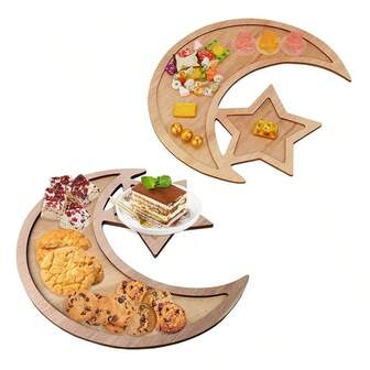 1pc Wooden Crafted Moon & Star Decorative Tray, Snack Plate - Divided Wooden Dry Fruit Box, For Nuts, Dried Fruits, Candies, Cakes, Nordic Style Design, Simple & Fashionable, Suitable For Living Room, Dining Room Tables, Eid Al-Fitr, Eid Al-Adha, Ramadan