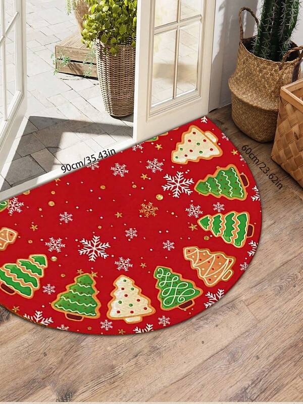 1pc Christmas Semi-Circle Doormat, Red Tree & Snowflake Design - Suitable For Entryway, Hallway, Garden, Kitchen - Hand Wash Only, Holiday Decor, Christmas Decor, Christmas Semi-Circle Mat, Outdoor Round Rug, Outdoor Entrance Doormat, Indoor Entrance Doormat, Doormat