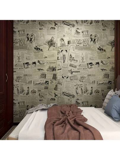 Roll Of Retro Newspaper Pattern Wallpaper. It Is Peel Stick, No Glue Required, Easy To Install Removable. Bedroom Living Room Accent Wand ation, As Well Tabletop Cabinet Renovation. Paper Stickers view 4