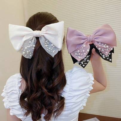 1pc Fashion New Luxury Pearl Bow Hair Clip, Versatile Elegant Hairpin For Women, Claw Clips, Hair Slide, Hair Barrettes