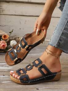 New Women Fashion Flat Sandals, Wedge Sandals, Platform Sandals, Solid Color Geometric Pattern Casual Beach PU Leather Rivet Embellished Flat Sandals, Platform Sandals, Beach Summer - Black - View 3