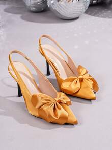 Gold Bow Pointed Toe Slip-On Pumps, Solid Color Fabric Bow Decor High Heel Mules, Office Wear All Season,Party Outfits - Gold - View 6