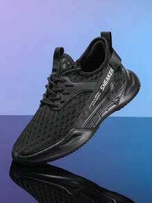 男士时尚厚底运动鞋，系带透气跑步鞋，厚底户外休闲厚底运动鞋 - 黑色 - 查看 5