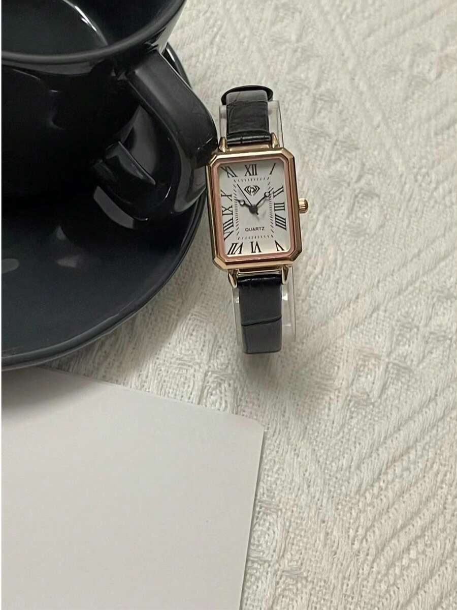 女士单件式PU表带小方罗马数字小表盘复古英文风格小众轻奢时尚石英表，适合日常佩戴 - 玫瑰金 - 查看 1