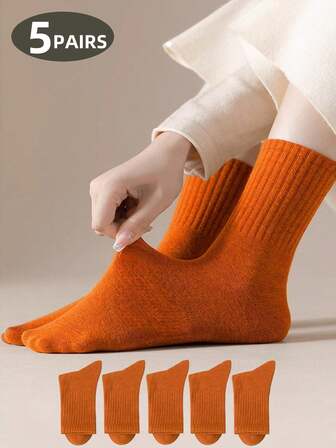 1双/5双装亮橙色袜子，舒适柔软休闲简约时尚运动中筒袜，女士款