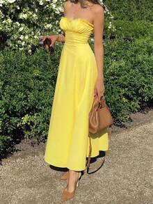 Robe d'été jaune canari boho pour femmes, décolletée avec volants, fermeture éclair dans le dos pour un enfilage facile. Convient pour les vacances à l'île, la plage, les festivals de musique/concerts et le port quotidien