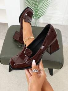 法式复古玛丽珍鞋，新款春季女士高跟鞋，韩版时尚大码真皮鞋，纯色优雅方头粗跟鞋，女士乐福鞋 - 棕色 - 查看 2