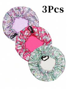Awegeo 3pcs/Set Kids Printed Drawstring Button Elastic Double-Layer Silky Fashion Satin Hair Caps, Casual Daily Breathable Comfortable - 3Pcs - View 10