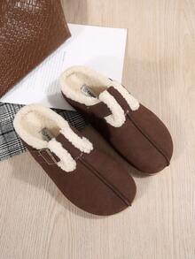 New Women Casual Closed Toe Slippers, Comfortable Plush Lined Flat Slip-On Shoes, Suitable For Autumn/Winter Warmth And Daily Casual/Indoor Wear, Round Toe Loafers