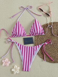 2pcs Fashionable Minimalist Personalized Women's Bikini Swimwear, Sexy Halter Backless Side Tie Design, Full Set Striped Print, Suitable For Spring/Summer Pool Party, Beach Holiday - Multicolor - View 1