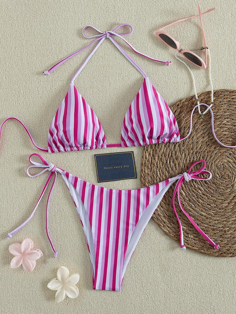 2pcs Fashionable Minimalist Personalized Women's Bikini Swimwear, Sexy Halter Backless Side Tie Design, Full Set Striped Print, Suitable For Spring/Summer Pool Party, Beach Holiday - Multicolor - View 1