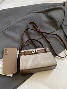Fashionable Retro Patchwork PU Leather Handbag, Minimalist Adjustable Shoulder Strap Decor, Sophisticated Hardware Lock, Crossbody Bag, Magnetic Closure, Multifunctional Lightweight Women Tote - Khaki - View 7