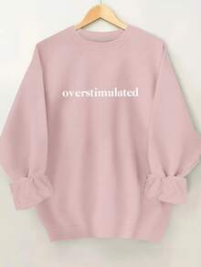 2025 New Women's Sweatshirt Round Neck Sweater For Women With "Overstimulated" Print - Soft Pink Casual Sweatshirt With Gathered Sleeves, Machine Washable, Comfortable Clothing For All Seasons Loose And Comfortable - 橄欖綠 - 查看 6