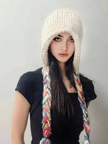 1pc Women's Winter Handmade Tassel Knit Hat, Autumn & Winter Warm Ear Protection Fashionable Beanie, Suitable For Daily Wear, Shopping And Skiing