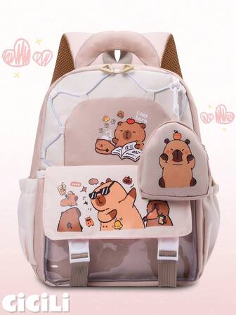قطعة واحدة من الحقيبة المدرسية ذات السعة الكبيرة بطراز ياباني وبرسم كابيبارا (الفقمة البرمائية) مناسبة وتتميز بتنوع الاستخدامات، حقيبة مدرسية شفافة متعددة الجيوب، حقيبة كاجوال شفافة، حقيبة طالب نشيطة، تصميم محايد، حقيبة ظهر كرتونية للحيوان، حقيبة ظهر ذات موضوع عطلة، حقيبة مدرسية عصرية، حقيبة يد عملية، حقيبة ظهر مدرسية خفيفة الوزن مخصصة شنطه جامعه شنط جامعات شنطة ظهر للسفر حقيبه جامعه