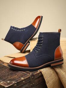 Bottes de travail mi-mollet pour homme, blocs de couleurs, bout rond, lacets, tige , semelle en caoutchouc, talon plat, résistantes, style business casual, automne/hiver. - Bleu azur - Voir 9